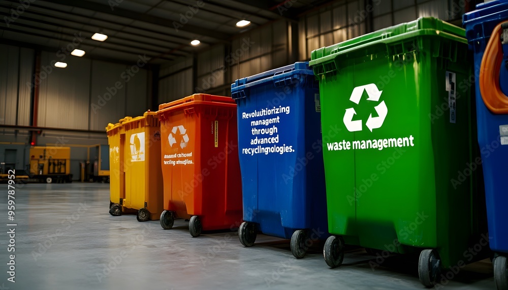 Obraz premium Four Colorful Wheeled Recycling Bins in a Warehouse
