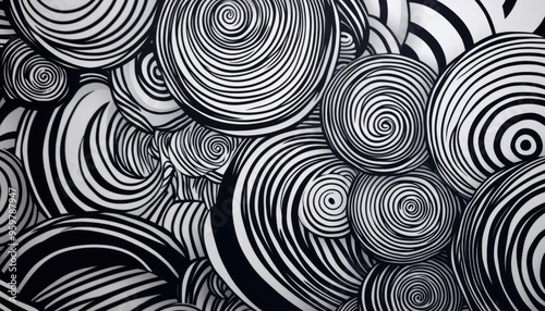 Line art illustration featuring a graphic design of black and white circular patterns photo