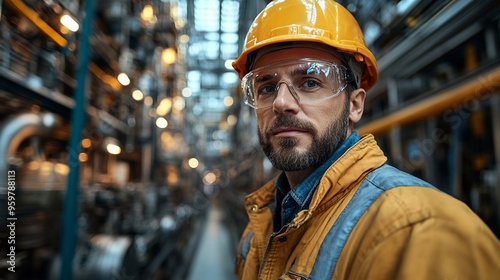 Focused Industrial Engineer: A determined engineer, clad in safety gear, stands amidst a complex network of machinery, his gaze fixed on the camera, conveying a sense of focus and expertise. 