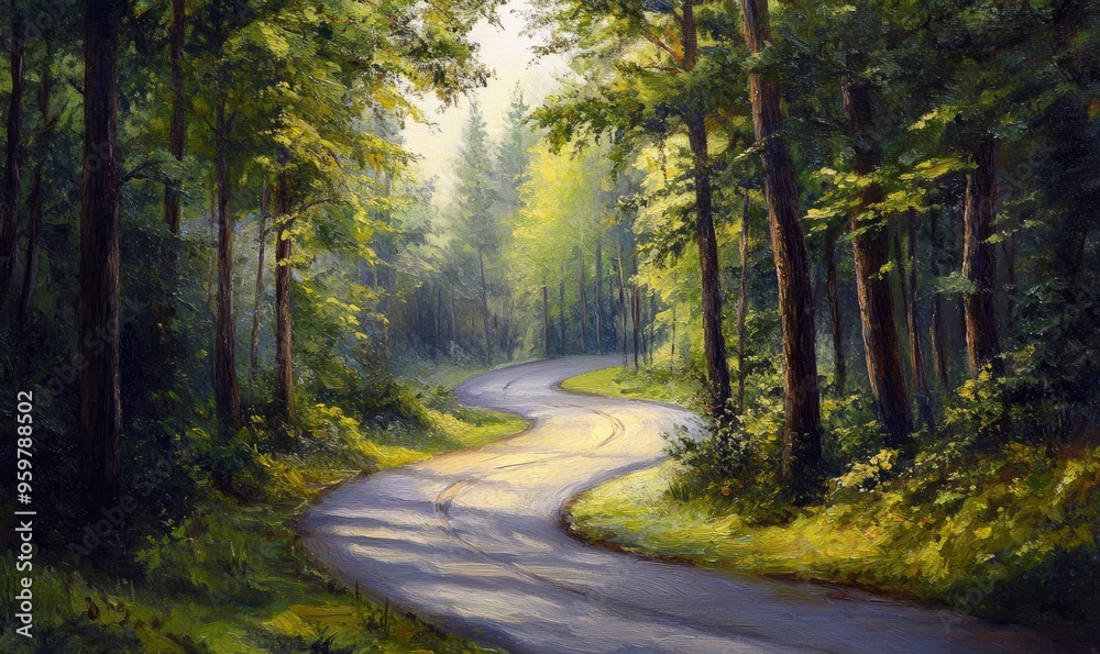Oil painting depicting a scenic road winding through a lush forest Oil painting depicting a scenic road winding through a lush forest