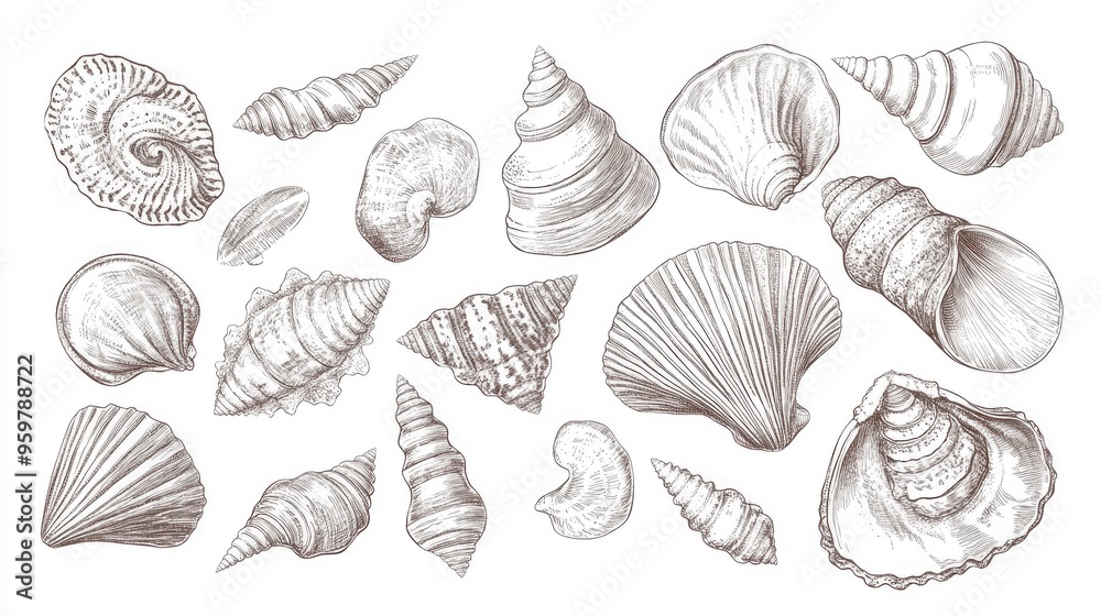 Line art illustration of seashells and cowries featuring dashed lines and labels in a hand drawn pattern Line art illustration of seashells and cowries featuring dashed lines and labels in a hand drawn pattern