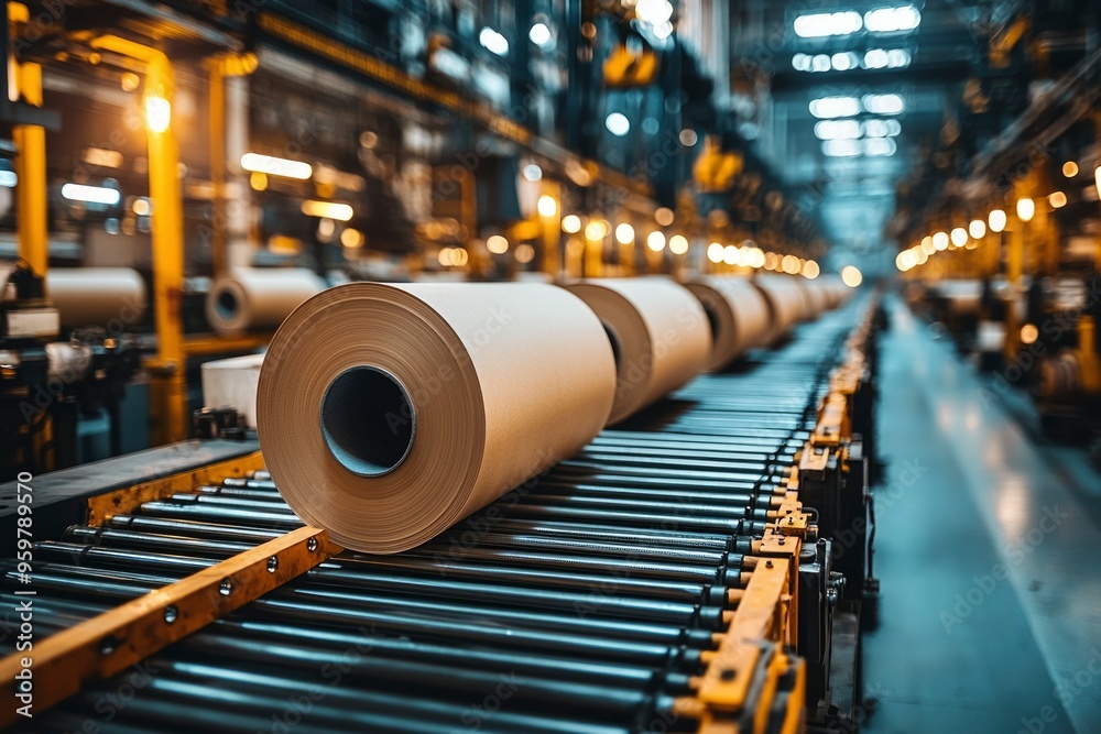 Large Paper Rolls on a Conveyor Belt in a Factory Large Paper Rolls on a Conveyor Belt in a Factory