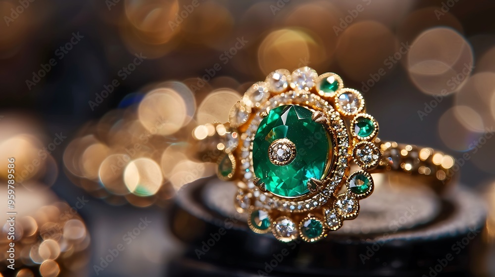 Sparkling diamond emerald ring with luxury gold Art Style Shape for Luxury Beauty Accessories Concept. Sparkling diamond emerald ring with luxury gold Art Style Shape for Luxury Beauty Accessories Concept.
