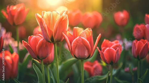 Bright pink tulips in sunlight during springtime bloom, vibrant nature scene. Floral growth and beauty concept