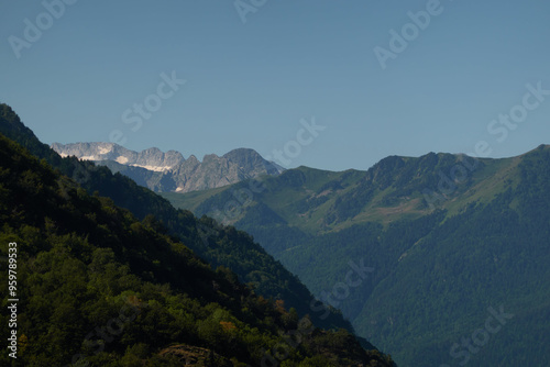 Views from Canejan in the Val de Aran towards the Aneto mountains. Pyrenees. Catalonia. Spain