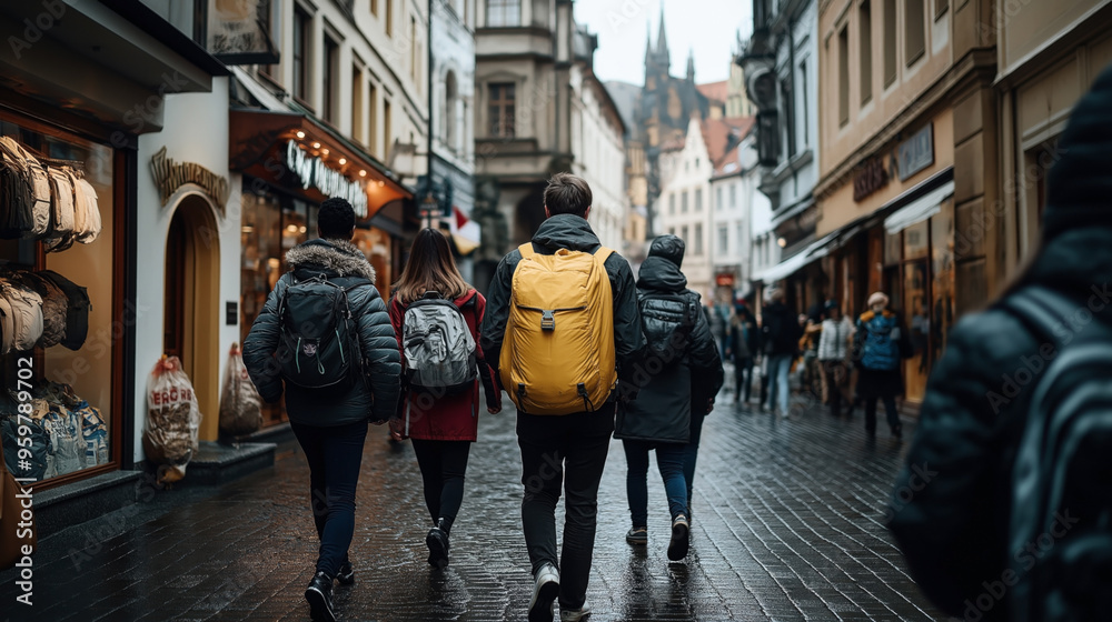 Group of people with backpacks walking down a cobblestone street in a historic city center, surrounded by old buildings, shops, and stores on a cloudy day. Group of people with backpacks walking down a cobblestone street in a historic city center, surrounded by old buildings, shops, and stores on a cloudy day.