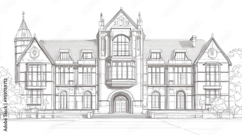Line art illustration of a university main hall featuring architectural details and design elements Line art illustration of a university main hall featuring architectural details and design elements
