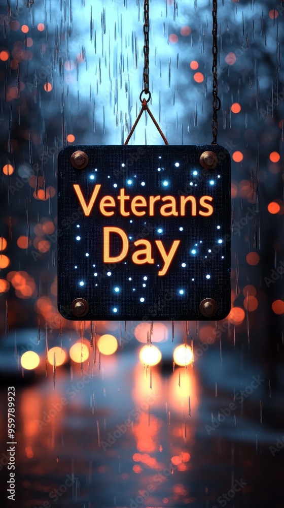 Veterans Day glowing digital sign on rainy night with bokeh lights Veterans Day glowing digital sign on rainy night with bokeh lights