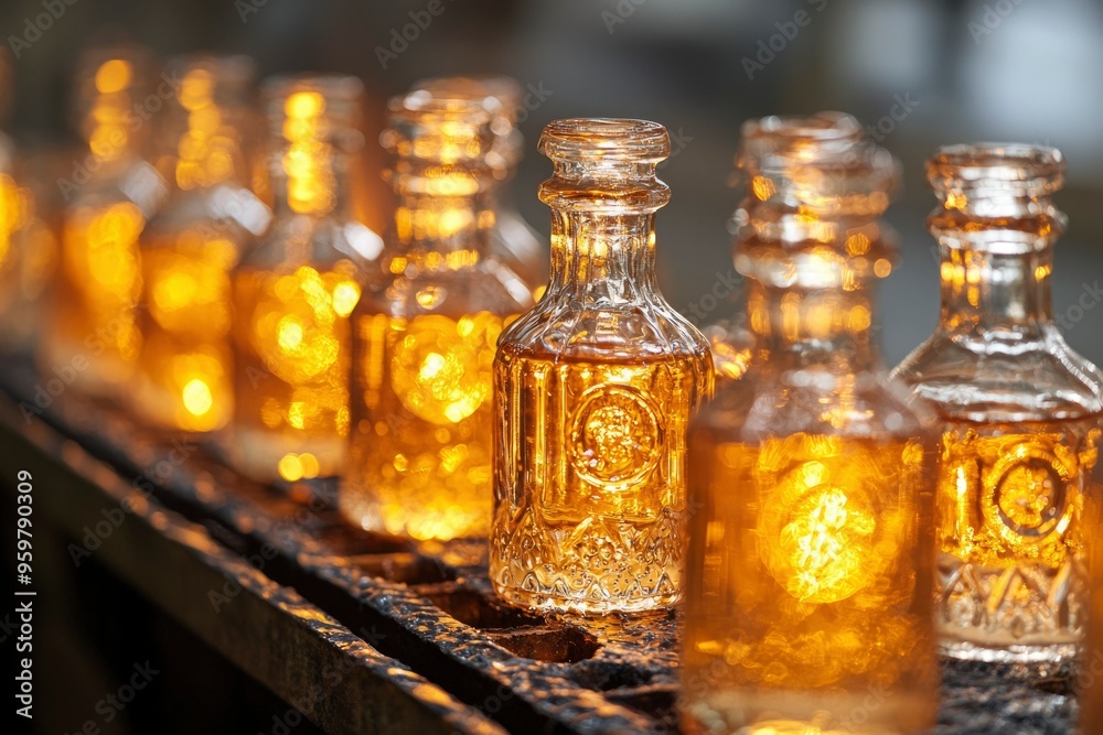 Row of Ornate Glass Bottles Filled with a Golden Liquid Row of Ornate Glass Bottles Filled with a Golden Liquid