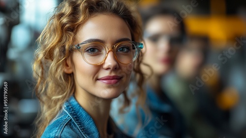 Confident Woman in Glasses: A close-up portrait of a young woman with curly hair and glasses, radiating confidence and a warm smile. The focus on her eyes and expression creates a sense of strength.