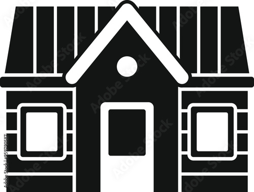 Simple vector of a small detached cottage house facade with porch, in black and white