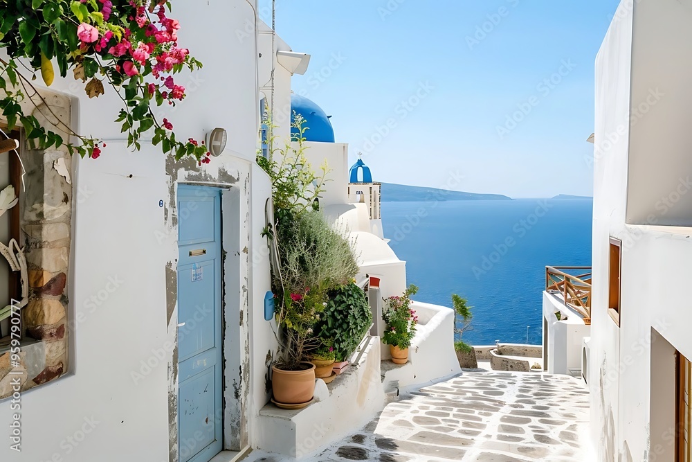 Fototapeta premium Santorini Serenity: A sun-drenched cobblestone street winds through white-washed houses, leading to the sparkling Aegean Sea, capturing the essence of Greek island life. 