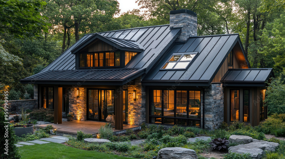 Metal roof architecture, emphasizing the integration of metal roofing with modern architectural designs, featuring black steel roof elements Metal roof architecture, emphasizing the integration of metal roofing with modern architectural designs, featuring black steel roof elements