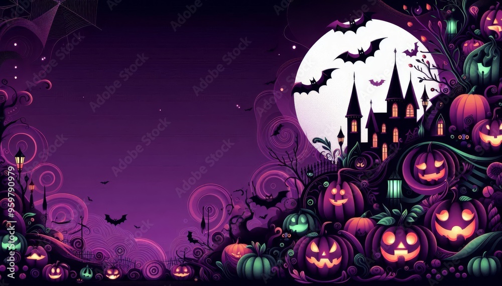 A dark, spooky scene with a full moon, a haunted castle, and pumpkins. The background is a deep purple with swirling designs. A dark, spooky scene with a full moon, a haunted castle, and pumpkins. The background is a deep purple with swirling designs.
