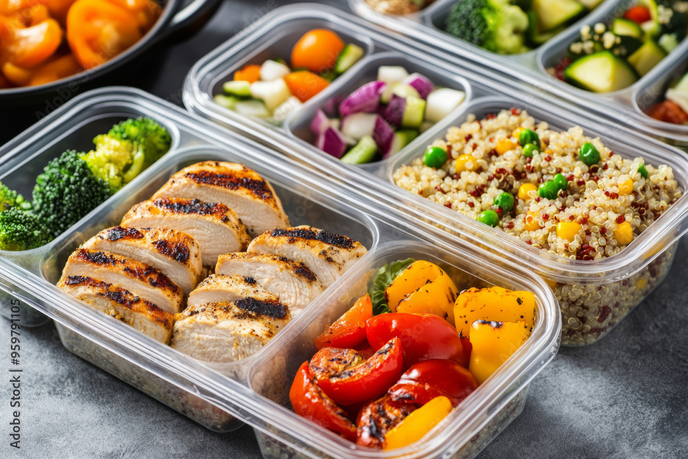 Healthy meal prep containers filled with grilled chicken, fresh vegetables, colorful ingredients. Balanced nutrition and meal planning Healthy meal prep containers filled with grilled chicken, fresh vegetables, colorful ingredients. Balanced nutrition and meal planning