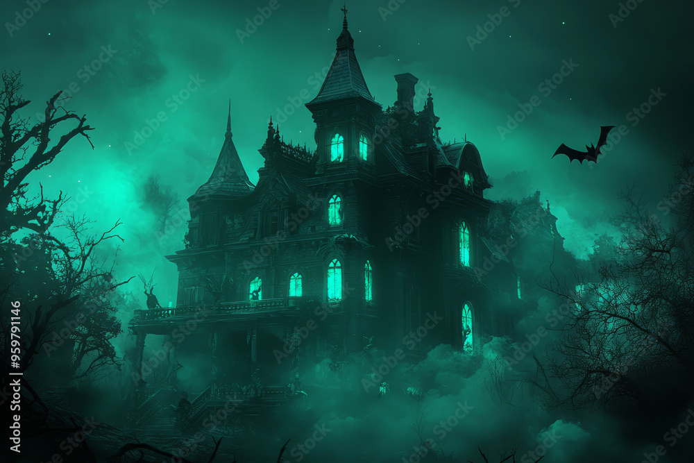 Creepy abandoned house with glowing windows in a foggy forest with bats flying above in the night sky Creepy abandoned house with glowing windows in a foggy forest with bats flying above in the night sky