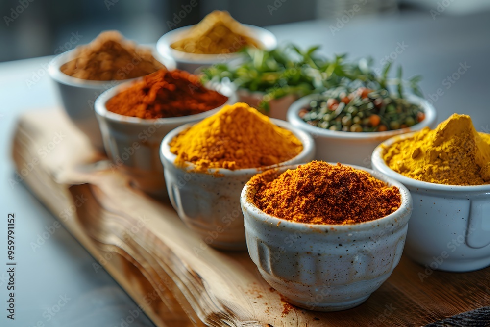 A Colorful Array of Spices in Charming Bowls on a Wooden Platter A Colorful Array of Spices in Charming Bowls on a Wooden Platter