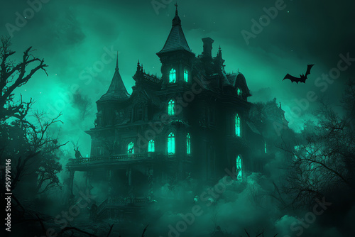 Creepy abandoned house with glowing windows in a foggy forest with bats flying above in the night sky