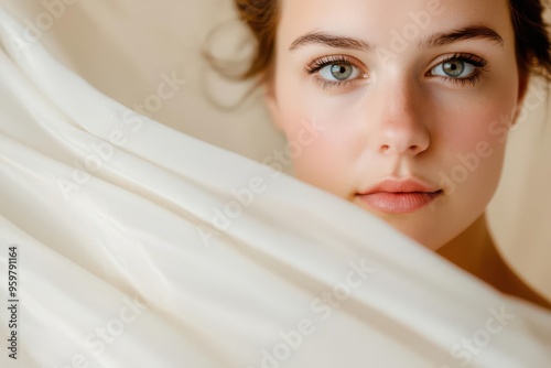 A close-up of a woman s face reflected in a mirror, her body mid-dance with flowing fabric around her, capturing the contrast between stillness and motion, Intimate, Photography photo