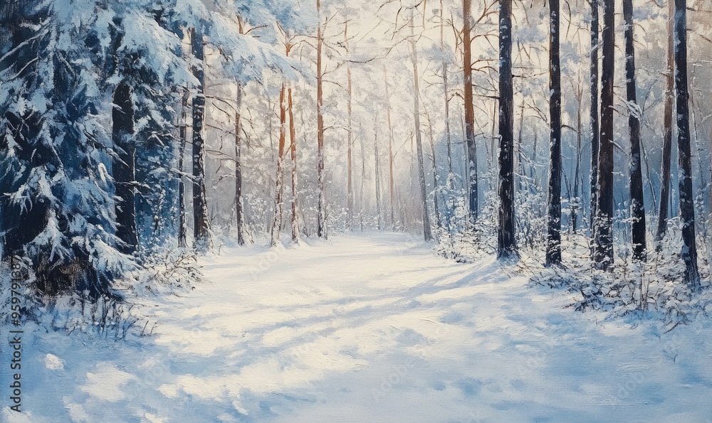 Oil painting depicting a snowy forest showcasing a tranquil natural landscape and serene winter scenery Oil painting depicting a snowy forest showcasing a tranquil natural landscape and serene winter scenery
