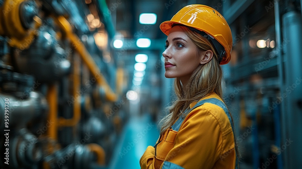 Industrial Strength: A female engineer in a hard hat and yellow jumpsuit stands confidently in an industrial setting, her gaze fixed on a complex machinery, embodying strength, focus, and dedication. Industrial Strength: A female engineer in a hard hat and yellow jumpsuit stands confidently in an industrial setting, her gaze fixed on a complex machinery, embodying strength, focus, and dedication.
