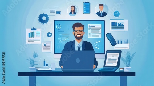 Online job interview illustration with floating heads and documents in blue color scheme