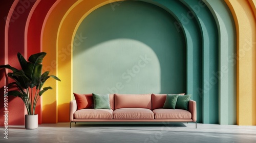 A vibrant and colorful living room featuring an abstract design with various arches and a modern pink couch adorned with green and pink cushions. photo