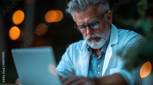 A man in a white coat is focused on his laptop while working in what appears to be an evening setting illuminated by warm bokeh lights in the background. photo