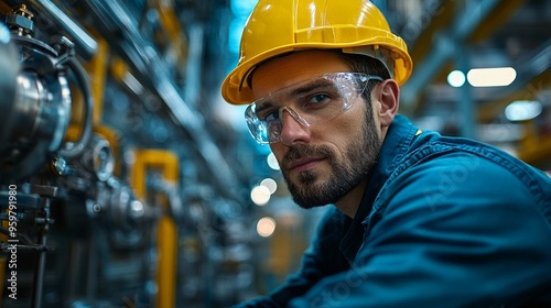 Industrial Resolve: A young male engineer in hard hat and safety glasses stares intently at the camera, embodying the grit and determination of the manufacturing world. 