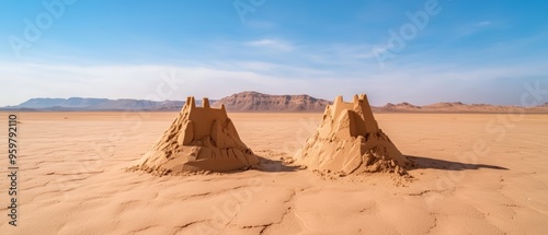 Two intricately carved sandcastles in the middle of a vast desert, capturing the beauty of ephemeral architecture