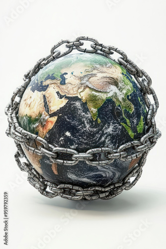 Earth wrapped in heavy chains, symbolizing global restrictions, environmental crisis, control, and the burden on our planet