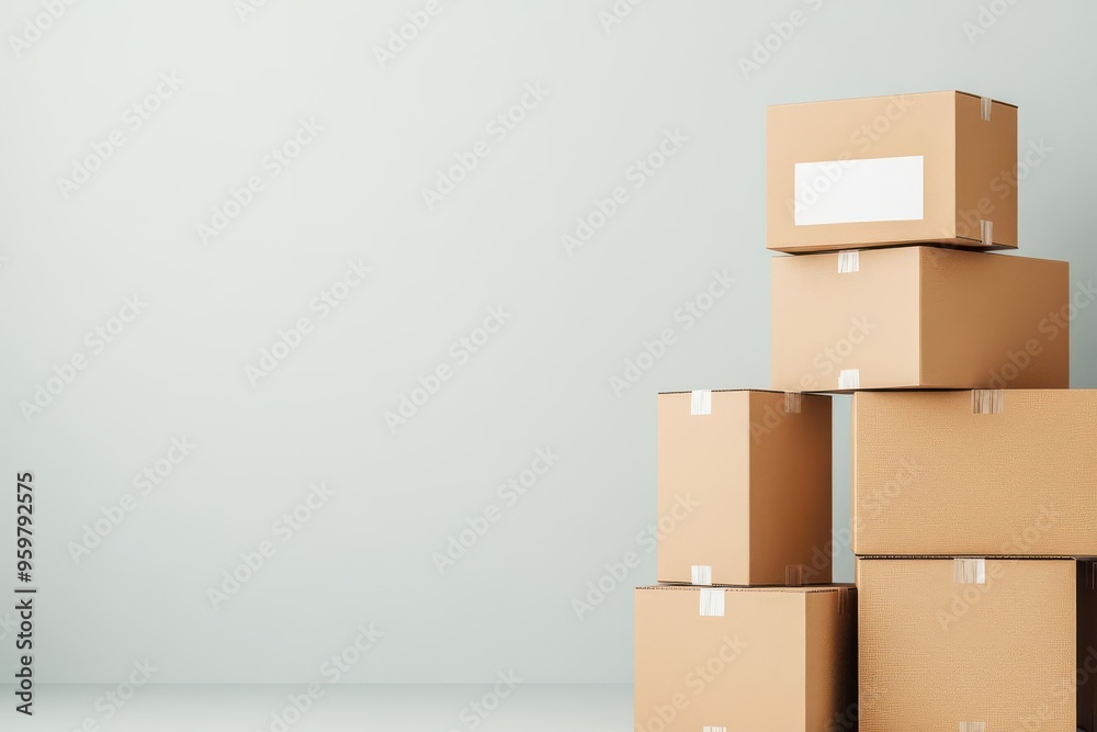 A series of parcel boxes of various sizes stacked neatly, with a focus on the top box being labeled for shipping, suggesting organization and efficiency, Minimalist, Photography A series of parcel boxes of various sizes stacked neatly, with a focus on the top box being labeled for shipping, suggesting organization and efficiency, Minimalist, Photography