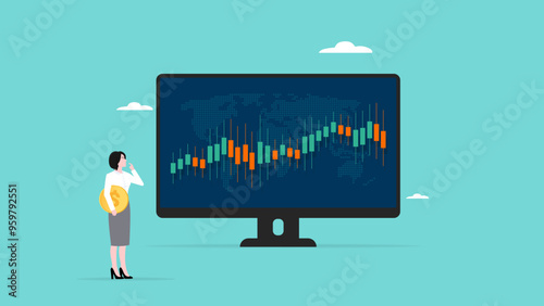 stock market analysis on investment, stock market rising up, analyzing graphs, financial growth statistic, businesswoman investor analyzing a graph of his stock while carrying gold coins