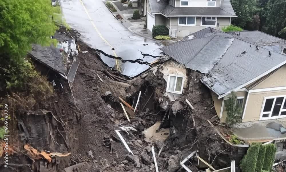 Collapsed building after an earthquake, with rubble and debris scattered around. Damaged infrastructure, urban scene of destruction and devastation. War. Generative Ai