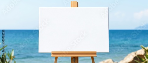 Seaside painting scene with a blank canvas on an easel, ready for creative expression amidst the serene natural landscape photo