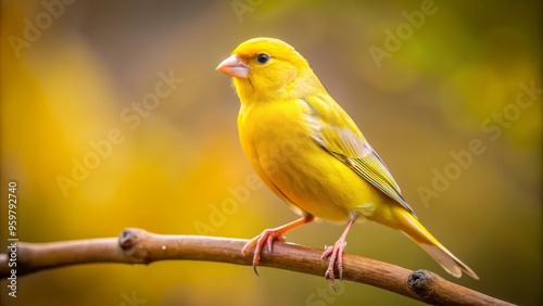 A bright yellow canary sits serenely on a branch, its vibrant plumage a stunning contrast to the softly