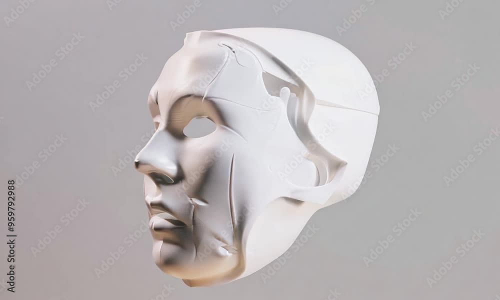 A white sculpted mask suspended in midair with realistic facial features. The mask appears to have folds and creases, giving it a unique and slightly surreal appearance. Generative Ai A white sculpted mask suspended in midair with realistic facial features. The mask appears to have folds and creases, giving it a unique and slightly surreal appearance. Generative Ai