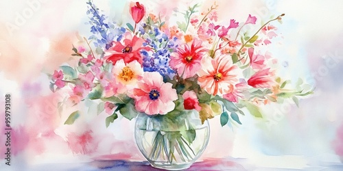 Vibrant Watercolor Floral Arrangement in a Glass Vase