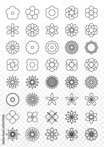 Set of abstract flower icon. Collection of monochrome outline flower heads. Vector 10 EPS.