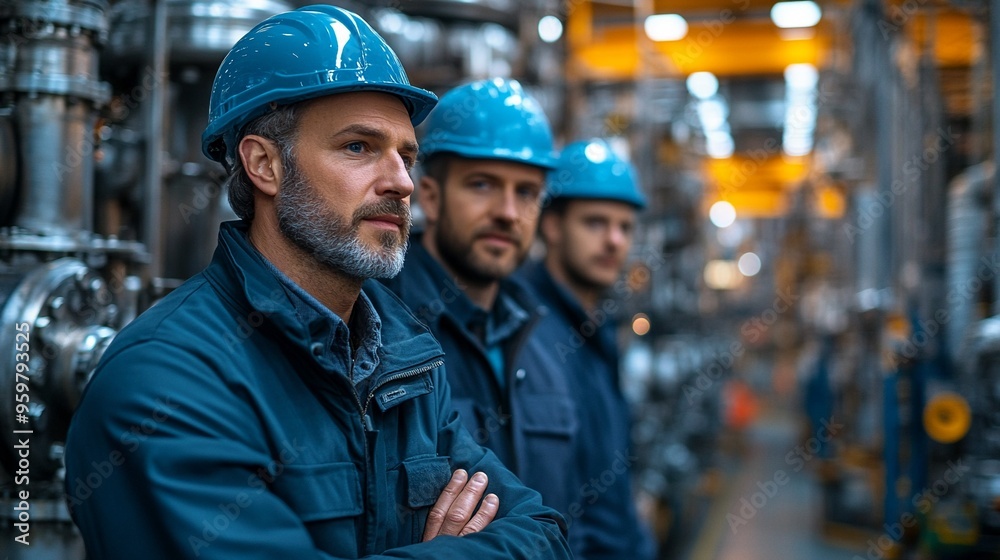 Industrial Expertise: A team of skilled engineers stand confidently in a modern factory, their blue hard hats and focused expressions reflecting their expertise and dedication. Industrial Expertise: A team of skilled engineers stand confidently in a modern factory, their blue hard hats and focused expressions reflecting their expertise and dedication.