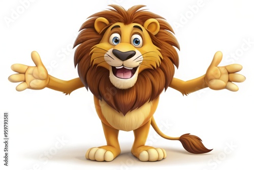 A cartoon lion with oversized ears and whiskers, standing upright on two legs, beaming a goofy grin with