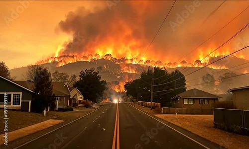 A raging wildfire spreads across a forest, with intense orange flames and thick smoke billowing into the sky. The dry landscape fuels the fire, creating a dangerous and destructive scene Generative Ai