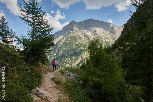 Beautiful views of the mountains and the glacial cirque on the route to the Refuge des Bans, in the Écrins National Park. Alps. France