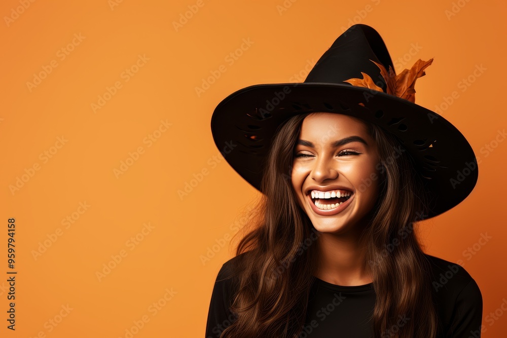 Young woman wearing a witch hat smiles joyfully against an orange background in autumn season Young woman wearing a witch hat smiles joyfully against an orange background in autumn season