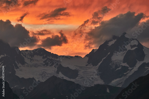 Sunset at the Espace San Bernardo ski resort in the Italian Alps of the Aosta Valley.