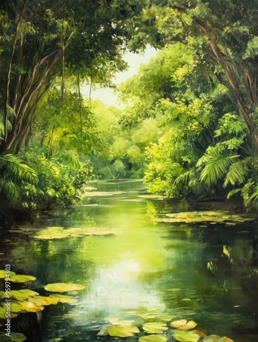 Oil painting depicting a tranquil lagoon surrounded by lush greenery capturing the serene beauty of nature