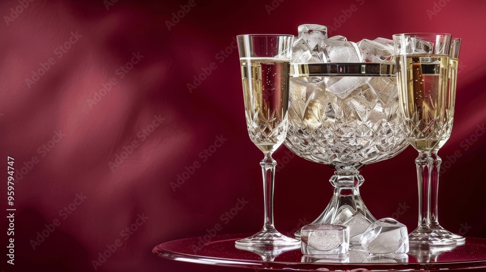 luxurious crystal champagne glasses with ice cubes on a table, set against a red background with studio lighting, creating a sophisticated and elegant atmosphere with rich details luxurious crystal champagne glasses with ice cubes on a table, set against a red background with studio lighting, creating a sophisticated and elegant atmosphere with rich details