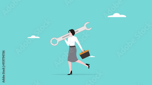problem solving skill, women's leadership or gender equality in the world of work, businesswoman carrying big keys and toolbox