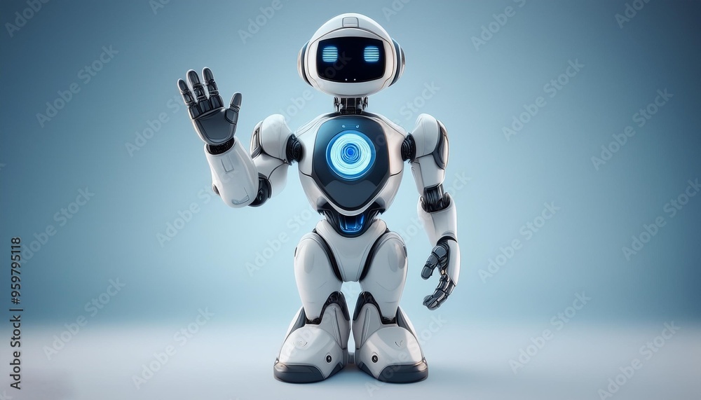 Futuristic cute robot waving his hand in an isolated background Futuristic cute robot waving his hand in an isolated background