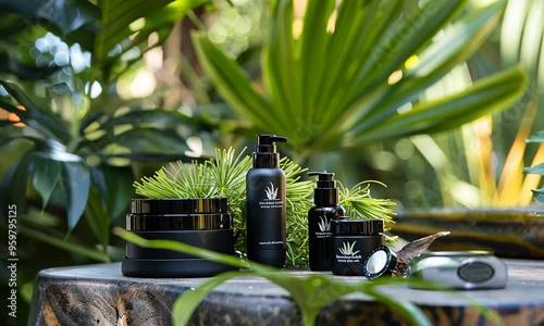 A collection of black skincare bottles displayed outdoors with lush green plants in the background. The products emphasize natural ingredients and wellness in a serene setting. Generative Ai